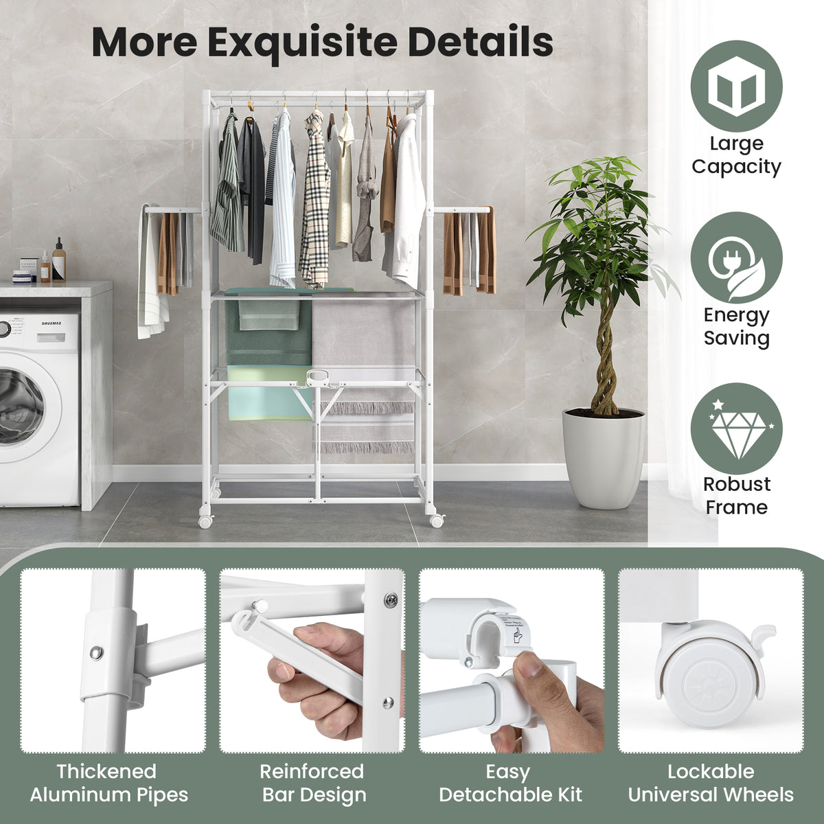 68.5 Inches Foldable Aluminum Laundry Rack - White