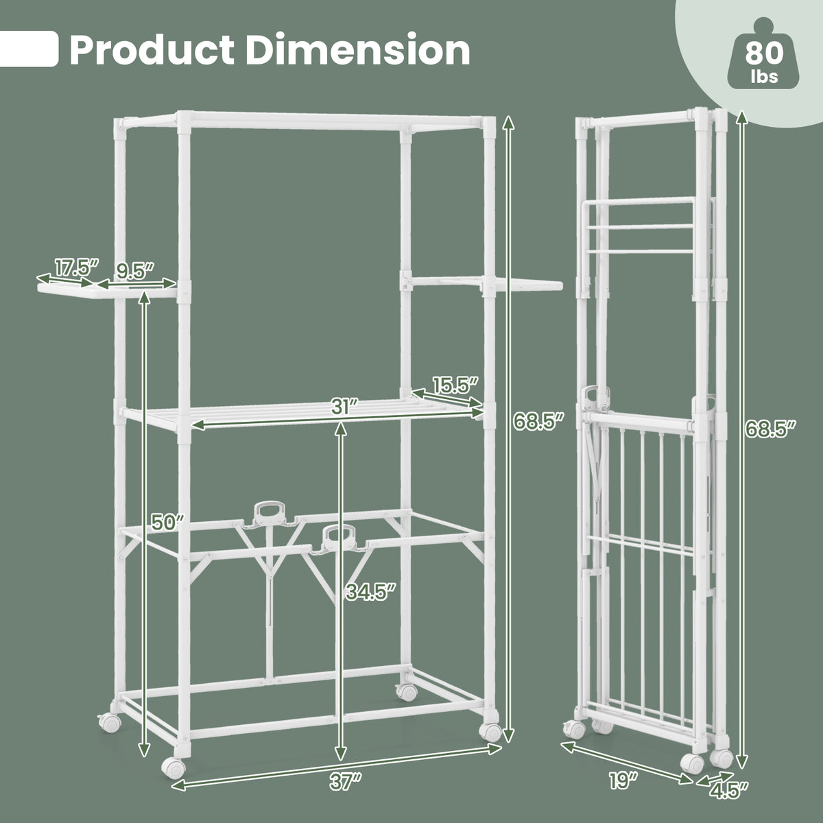 68.5 Inches Foldable Aluminum Laundry Rack - White