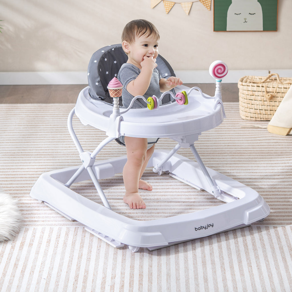 Foldable Baby Activity Walker with Adjustable Height & Detachable Seat Cushion - Gray