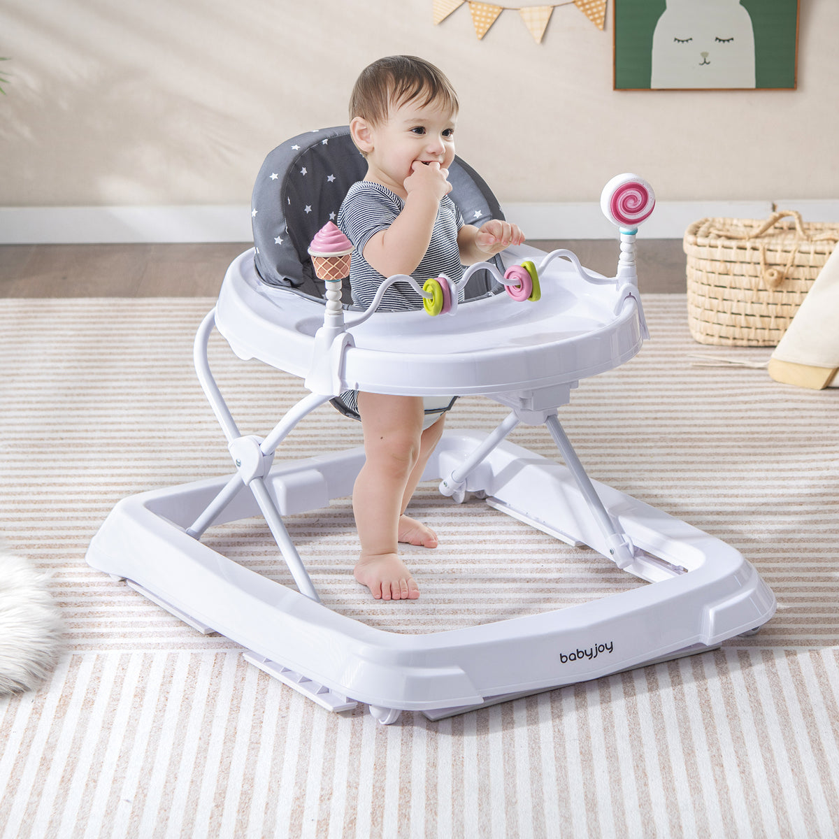 Foldable Baby Activity Walker with Adjustable Height & Detachable Seat Cushion - Gray