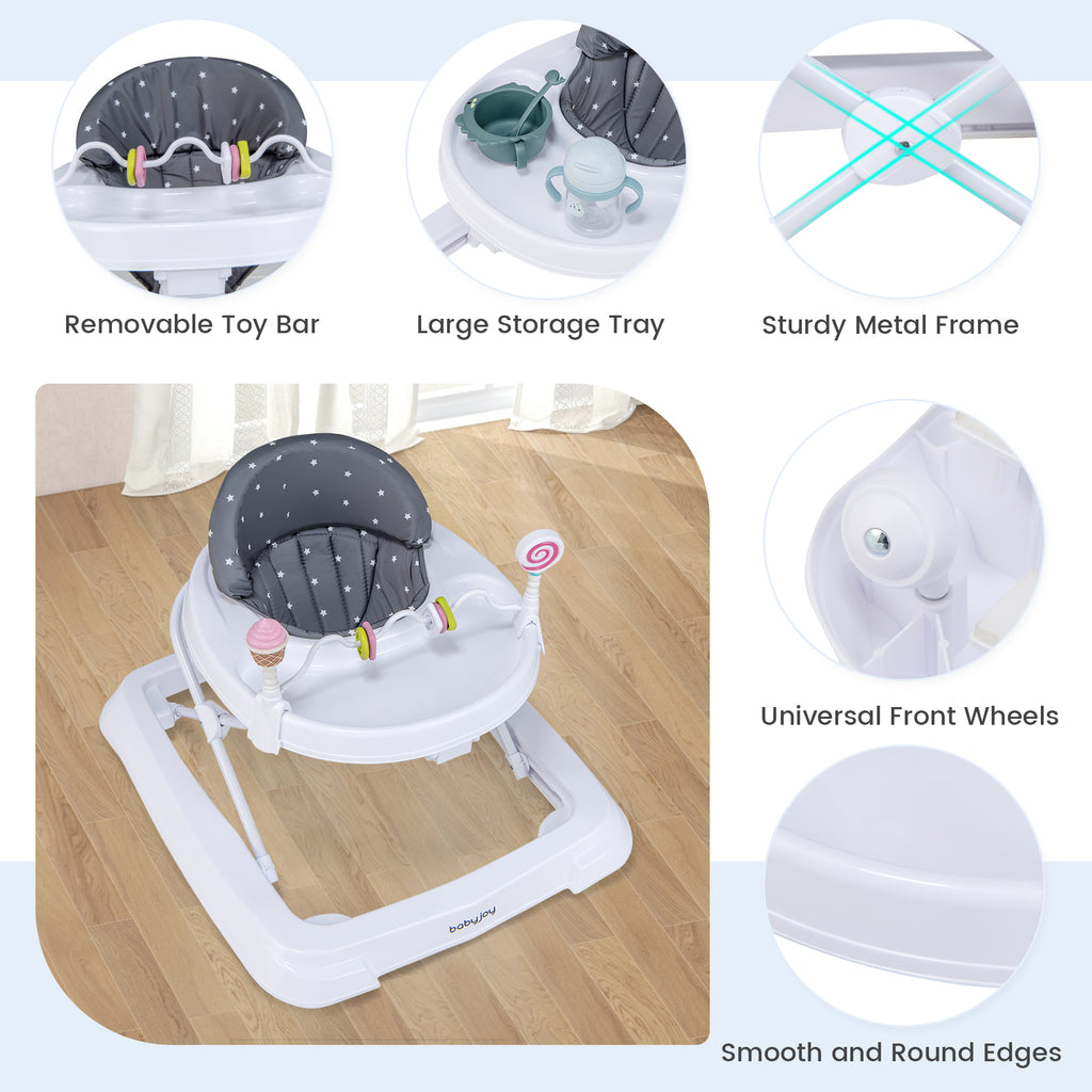 Foldable Baby Activity Walker with Adjustable Height & Detachable Seat Cushion - Gray