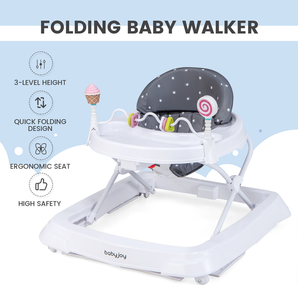 Foldable Baby Activity Walker with Adjustable Height & Detachable Seat Cushion - Gray