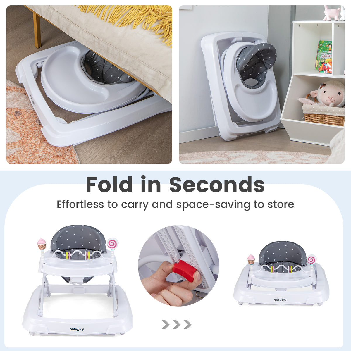 Foldable Baby Activity Walker with Adjustable Height & Detachable Seat Cushion - Gray