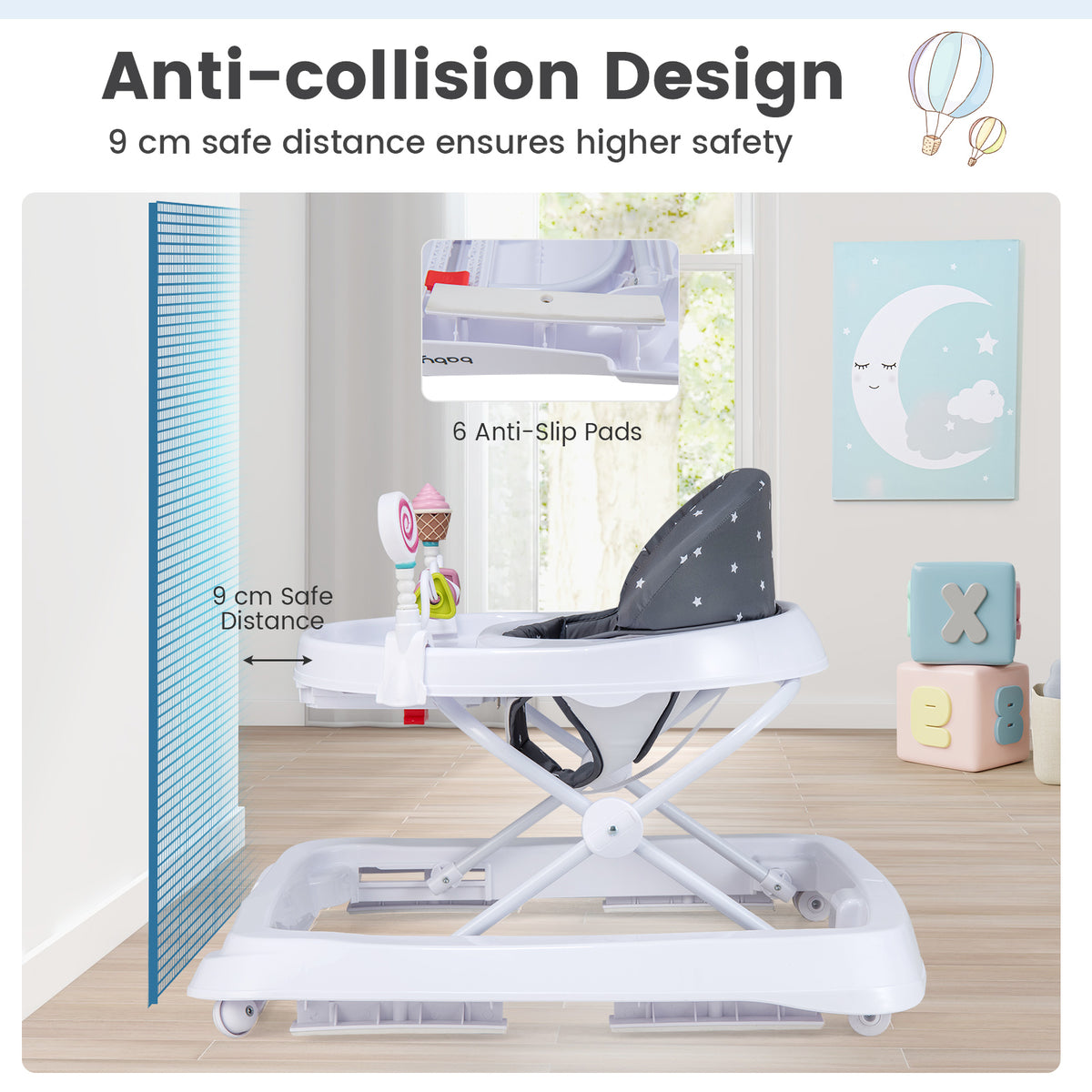 Foldable Baby Activity Walker with Adjustable Height & Detachable Seat Cushion - Gray