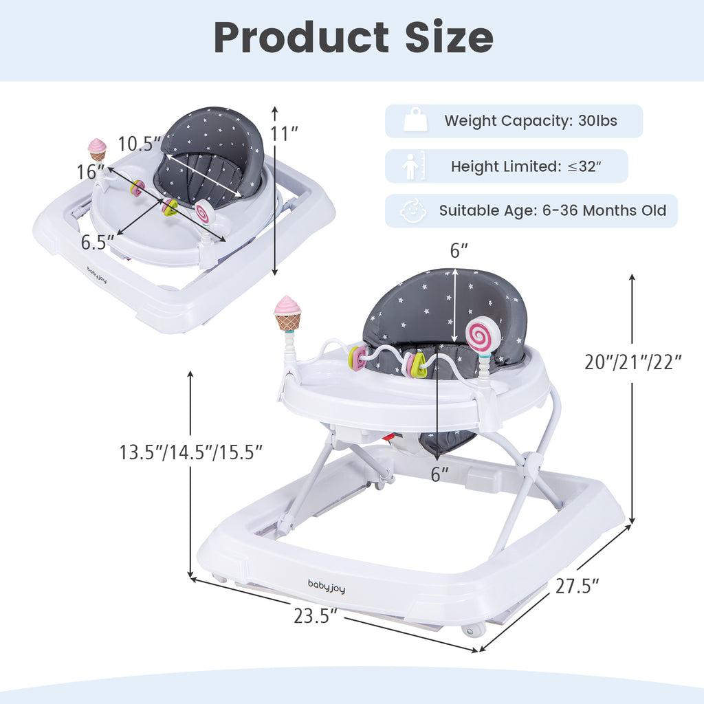 Foldable Baby Activity Walker with Adjustable Height & Detachable Seat Cushion - Gray