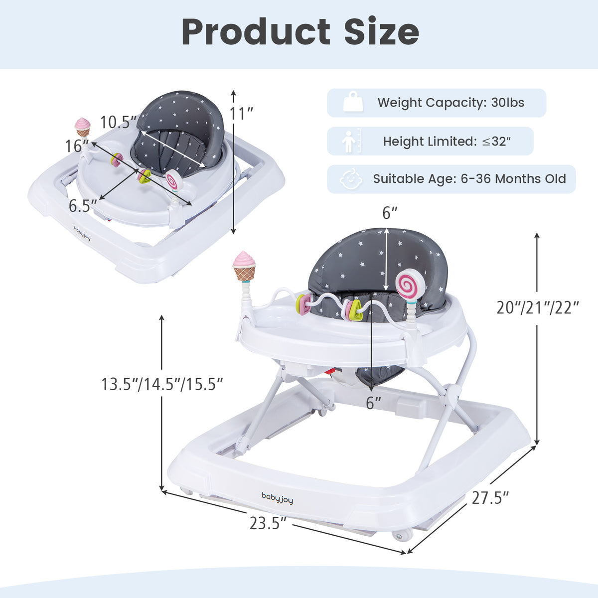 Foldable Baby Activity Walker with Adjustable Height & Detachable Seat Cushion - Gray