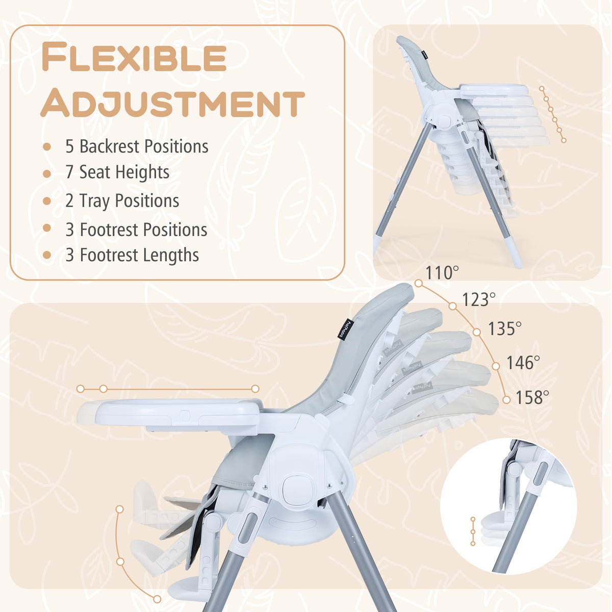 Foldable Baby High Chair with Adjustable Height & Seat - Light Gray