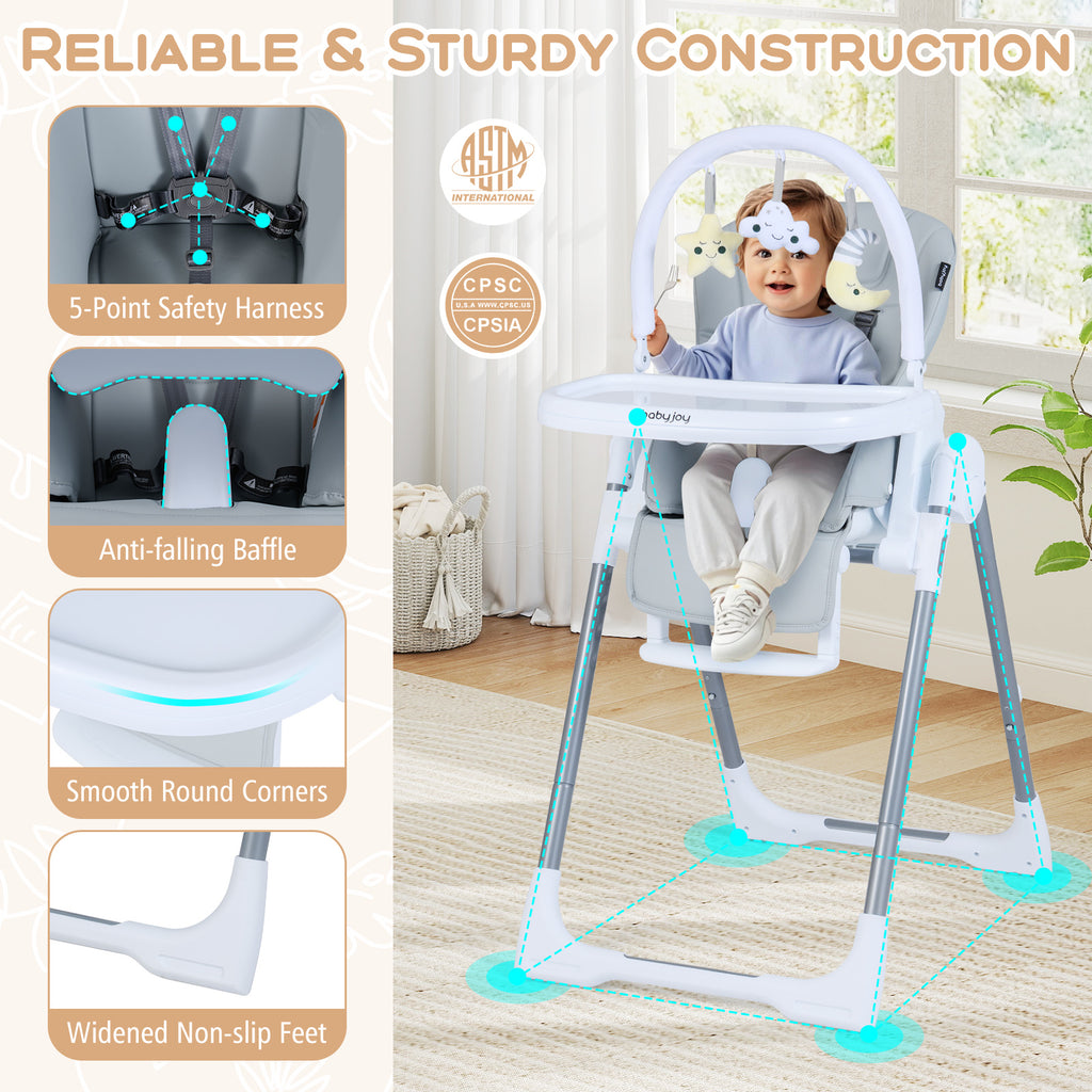 Foldable Baby High Chair with Adjustable Height & Seat - Light Gray