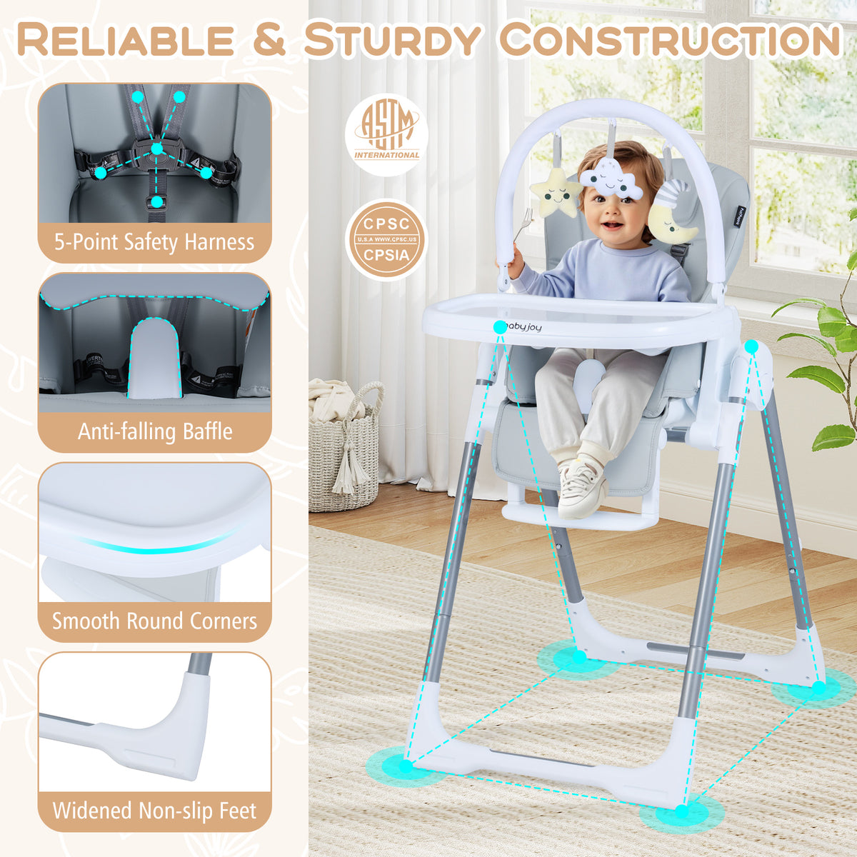 Foldable Baby High Chair with Adjustable Height & Seat - Light Gray