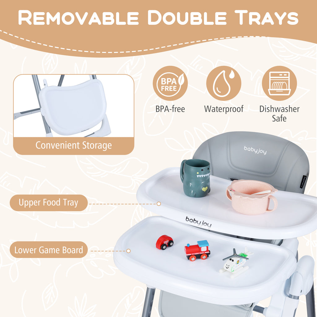 Foldable Baby High Chair with Adjustable Height & Seat - Light Gray