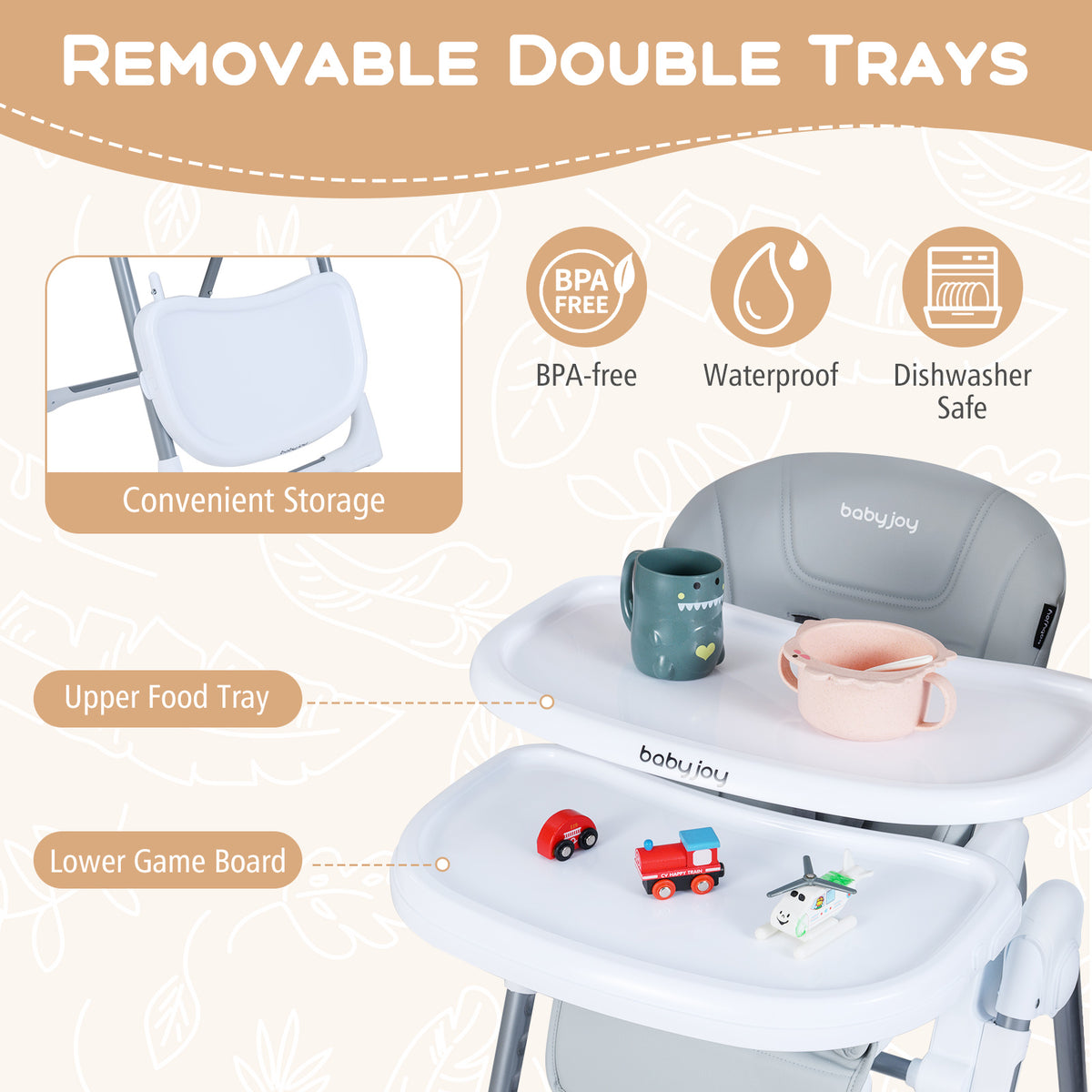 Foldable Baby High Chair with Adjustable Height & Seat - Light Gray