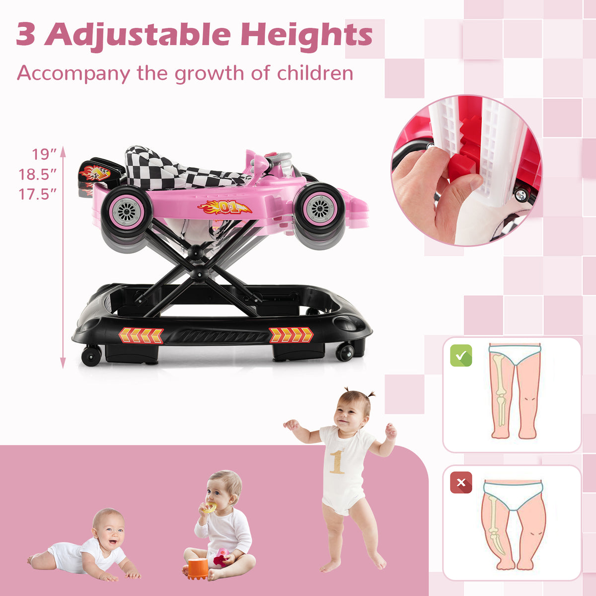 Convertible Baby Walker with 3 Adjustable Heights Pink - Baby & Toddler Toy