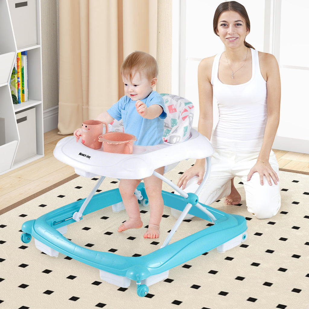 Foldable Baby Walker with Adjustable Heights, Padded Seat & Interactive Toys - Green