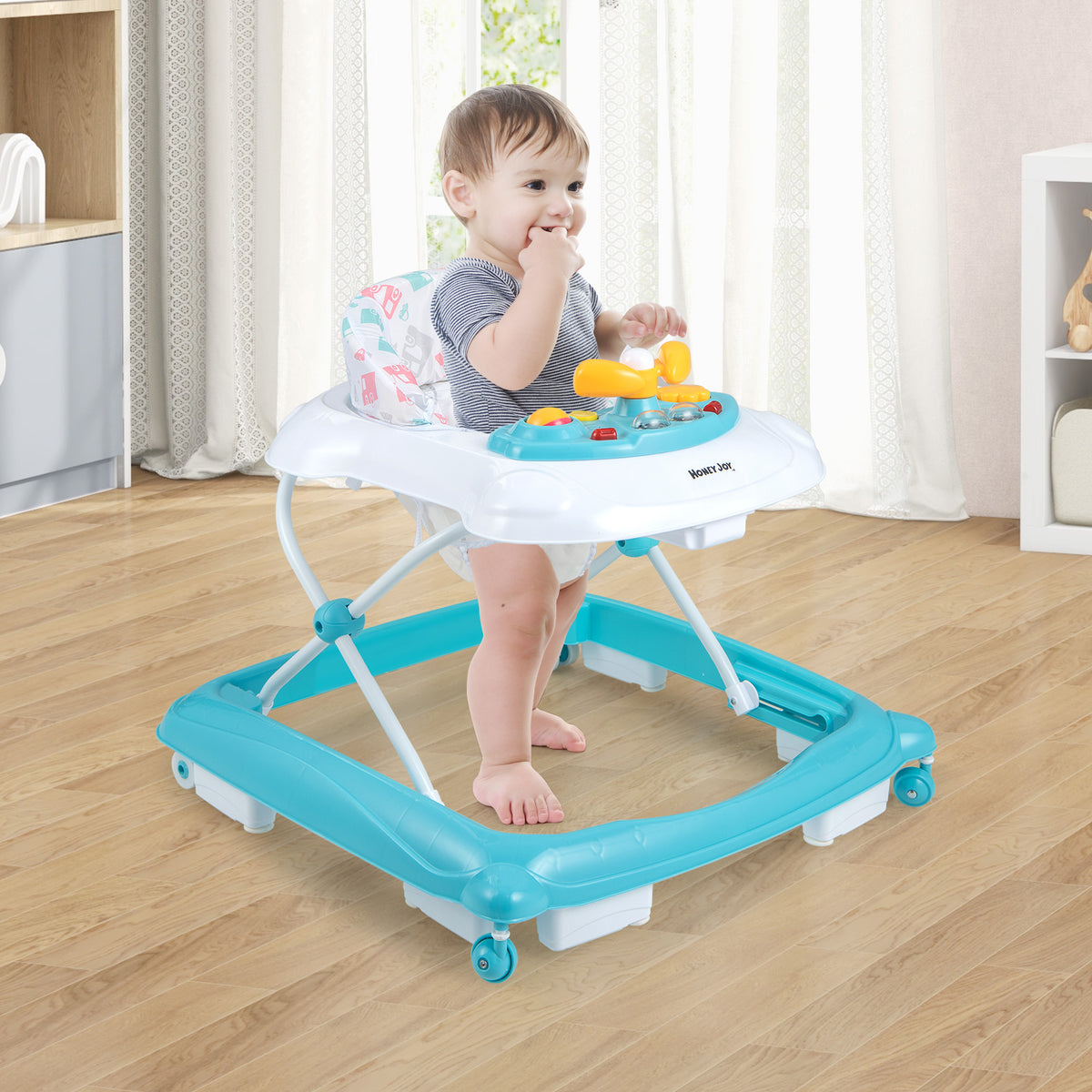 Foldable Baby Walker with Adjustable Heights, Padded Seat & Interactive Toys - Green