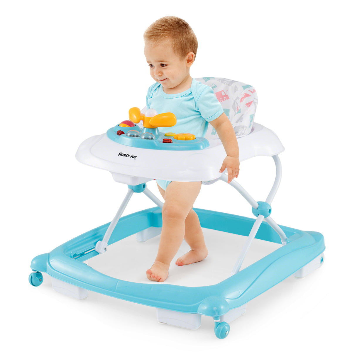 Foldable Baby Walker with Adjustable Heights, Padded Seat & Interactive Toys - Green