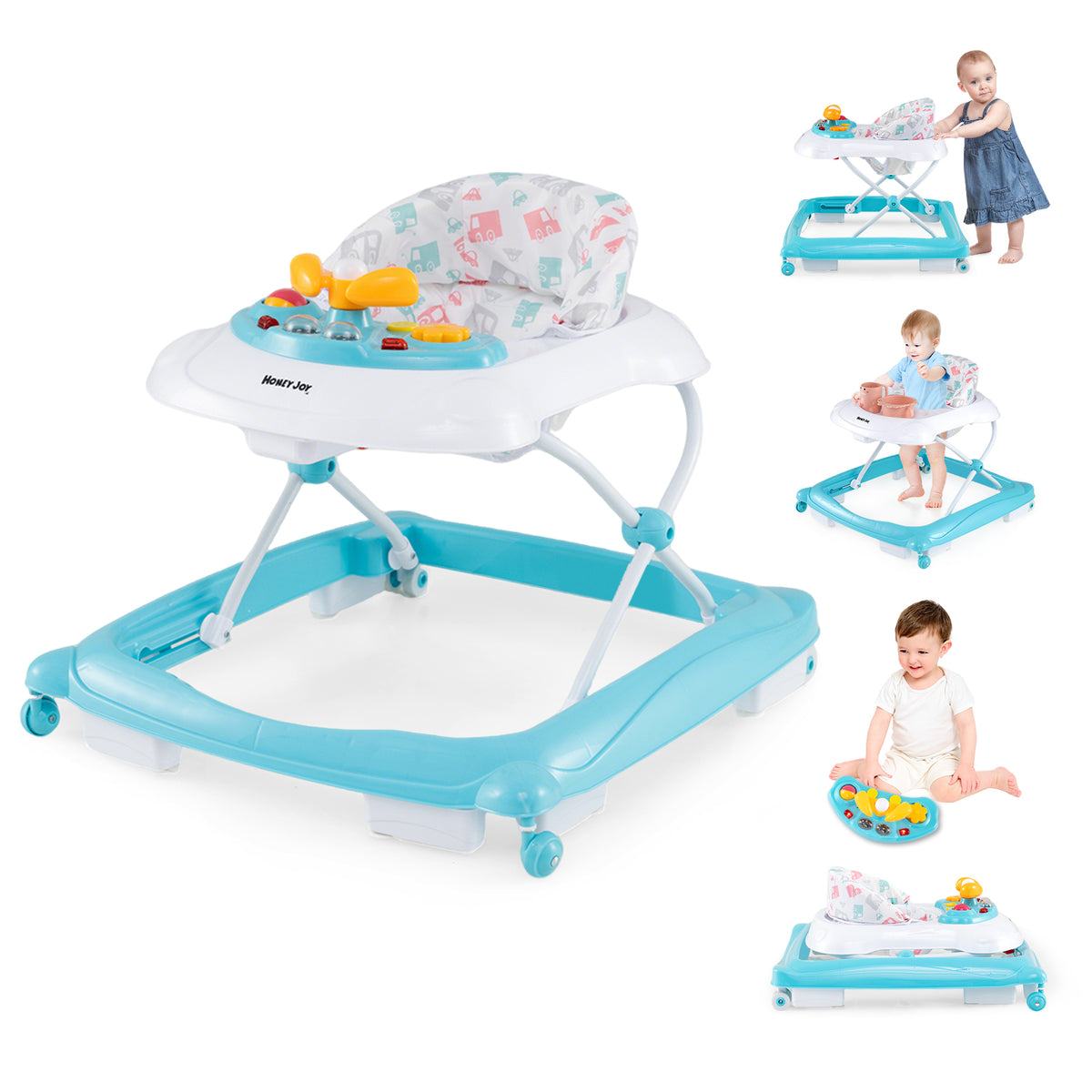 Foldable Baby Walker with Adjustable Heights, Padded Seat & Interactive Toys - Green