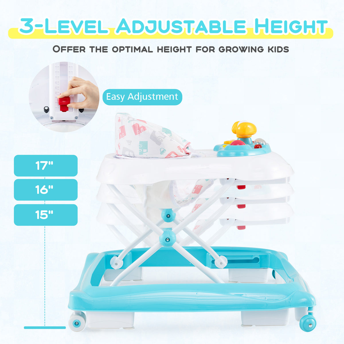 Foldable Baby Walker with Adjustable Heights, Padded Seat & Interactive Toys - Green