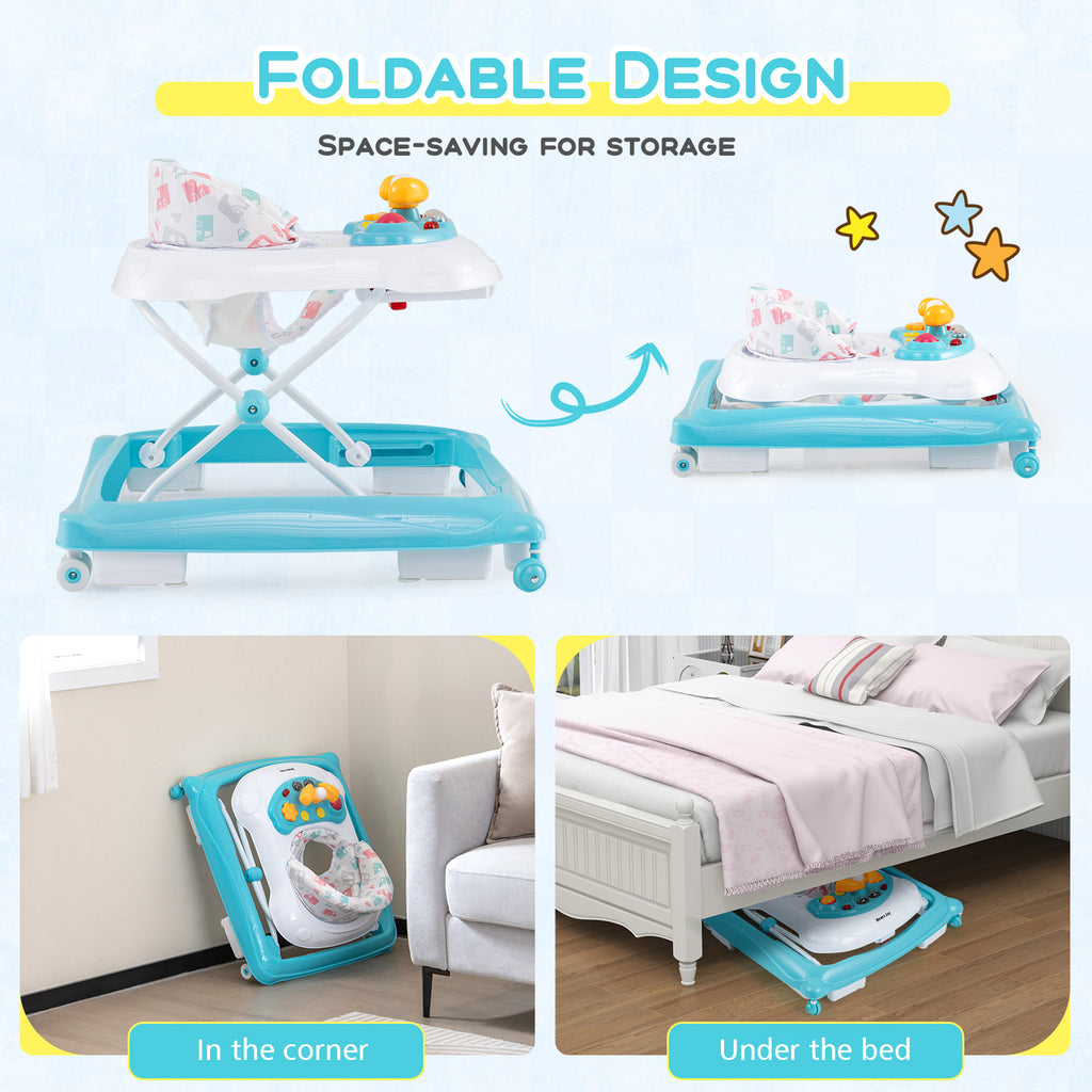 Foldable Baby Walker with Adjustable Heights, Padded Seat & Interactive Toys - Green
