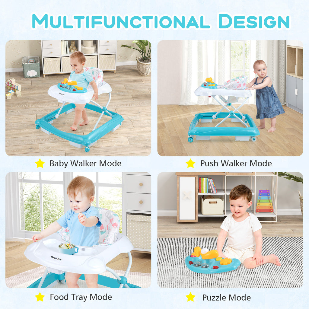 Foldable Baby Walker with Adjustable Heights, Padded Seat & Interactive Toys - Green