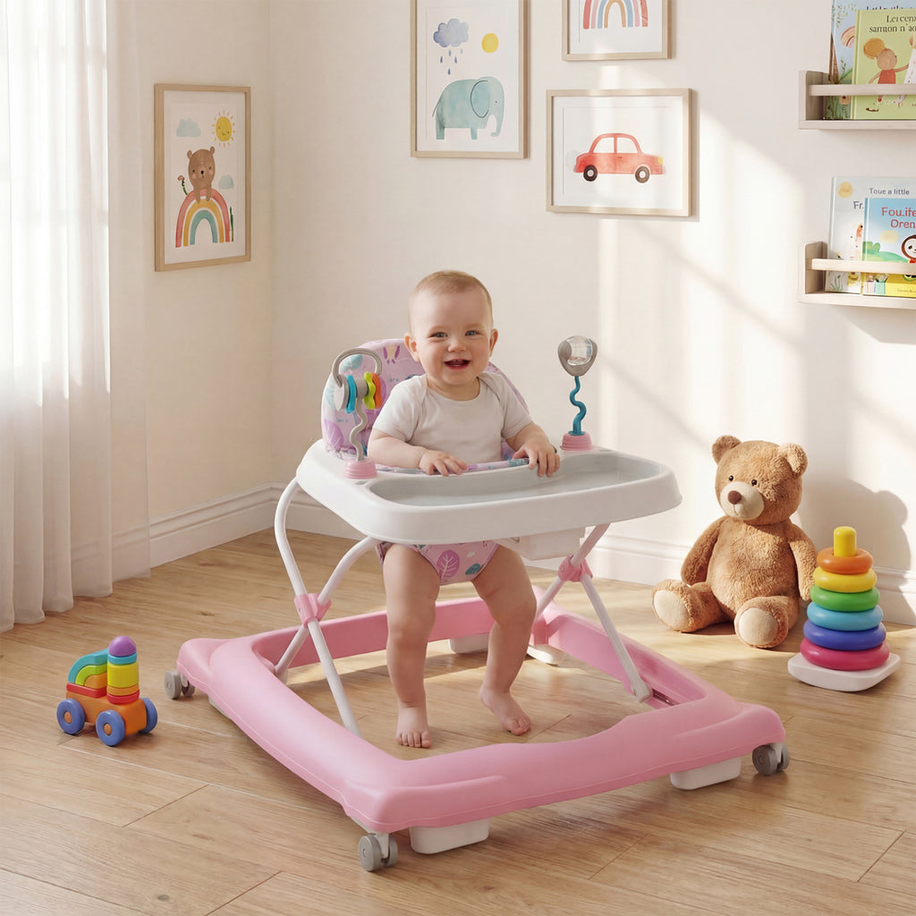 Foldable Baby Walker with Removable Seat & Adjustable Height - Gray, 27.5 x 25 x 21 Inches