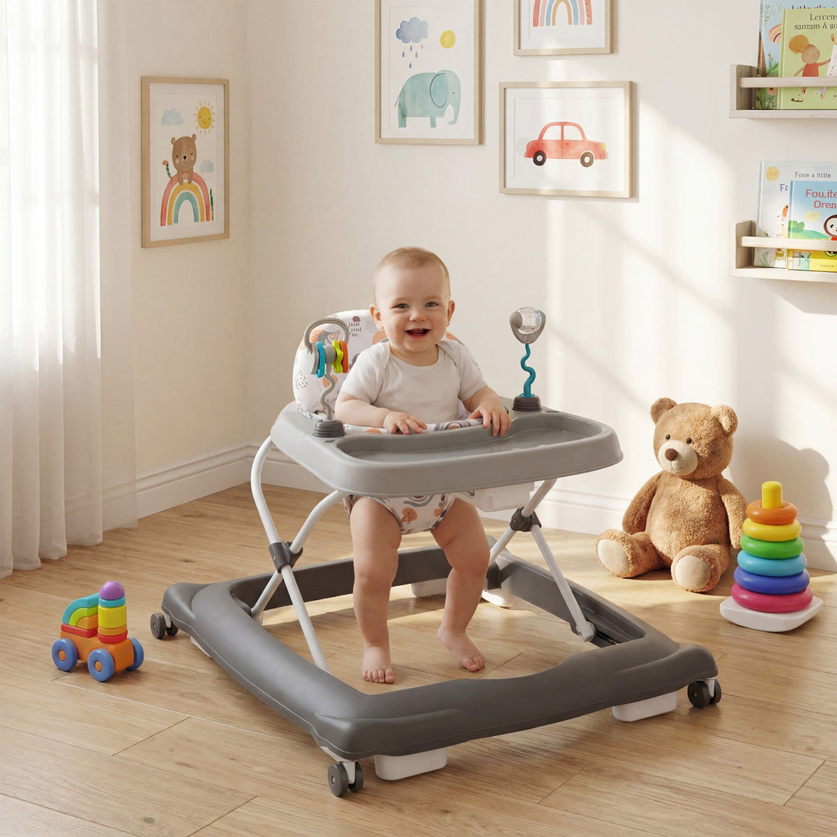 Foldable Baby Walker with Removable Seat & Adjustable Height - Gray, 27.5 x 25 x 21 Inches