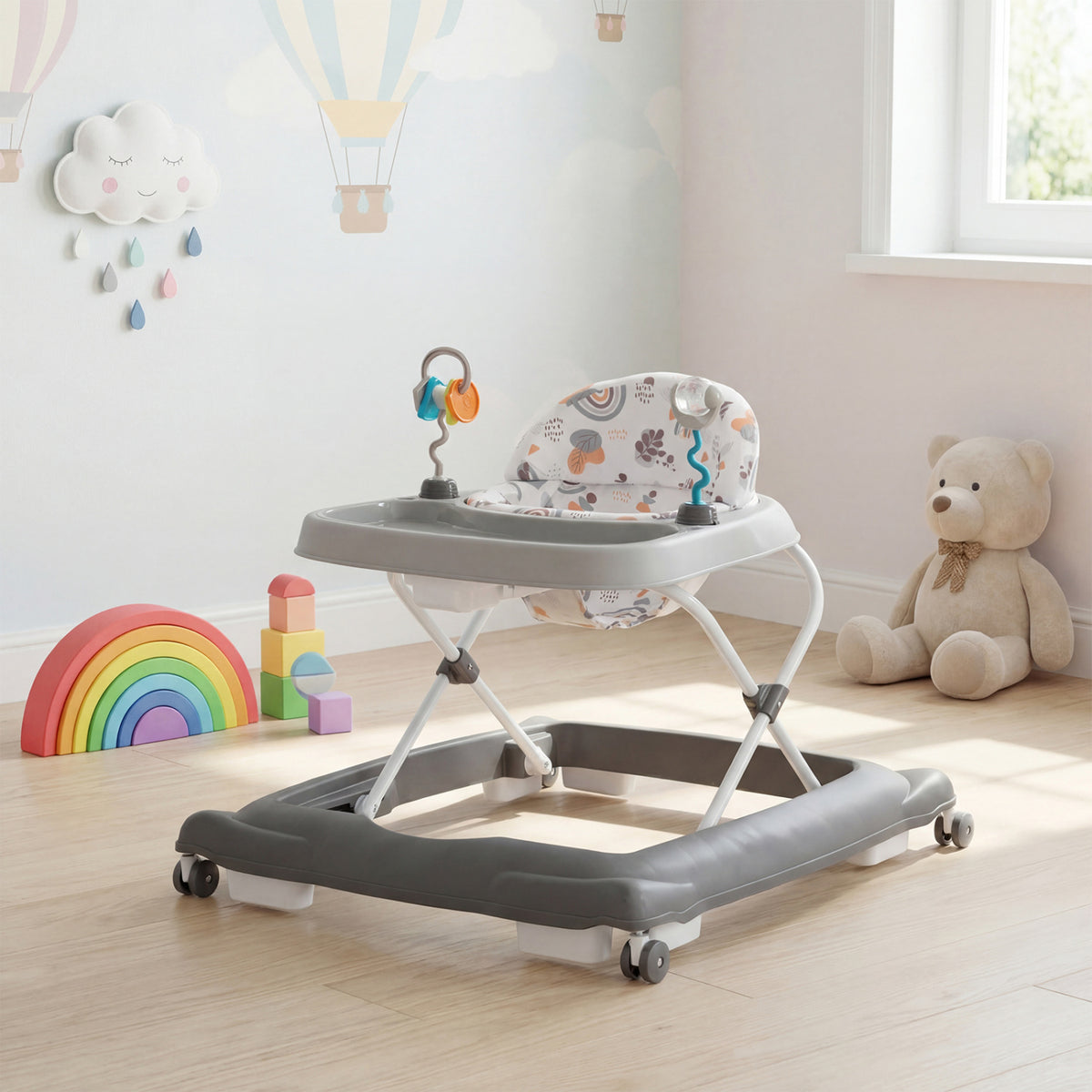Foldable Baby Walker with Removable Seat & Adjustable Height - Gray, 27.5 x 25 x 21 Inches