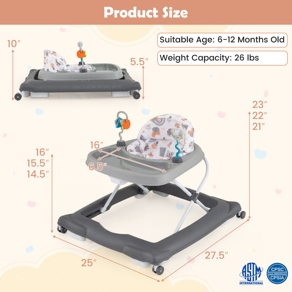 Foldable Baby Walker with Removable Seat & Adjustable Height - Gray, 27.5 x 25 x 21 Inches