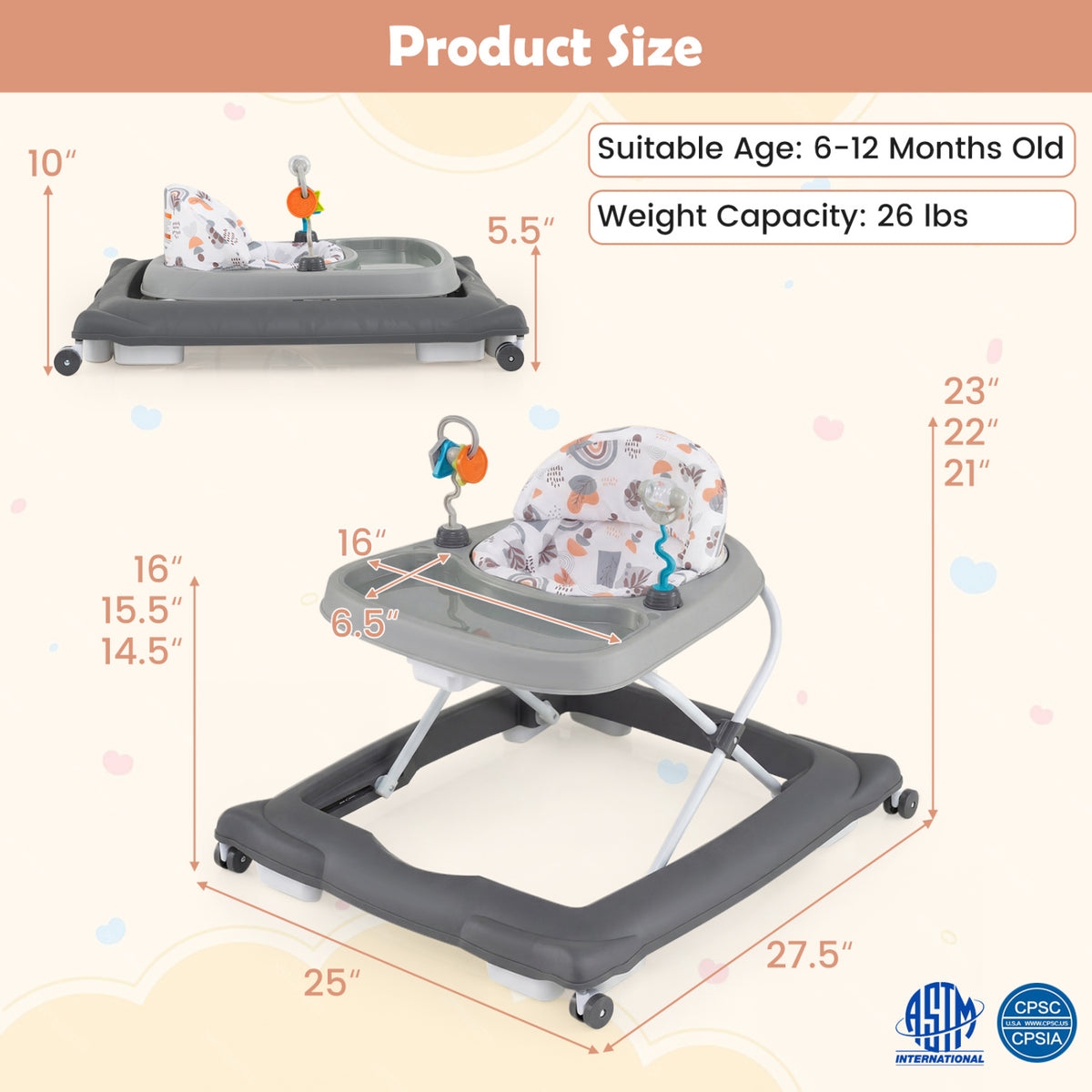 Foldable Baby Walker with Removable Seat & Adjustable Height - Gray, 27.5 x 25 x 21 Inches