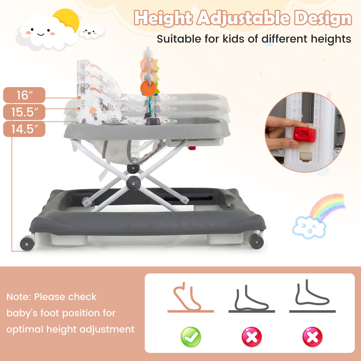 Foldable Baby Walker with Removable Seat & Adjustable Height - Gray, 27.5 x 25 x 21 Inches