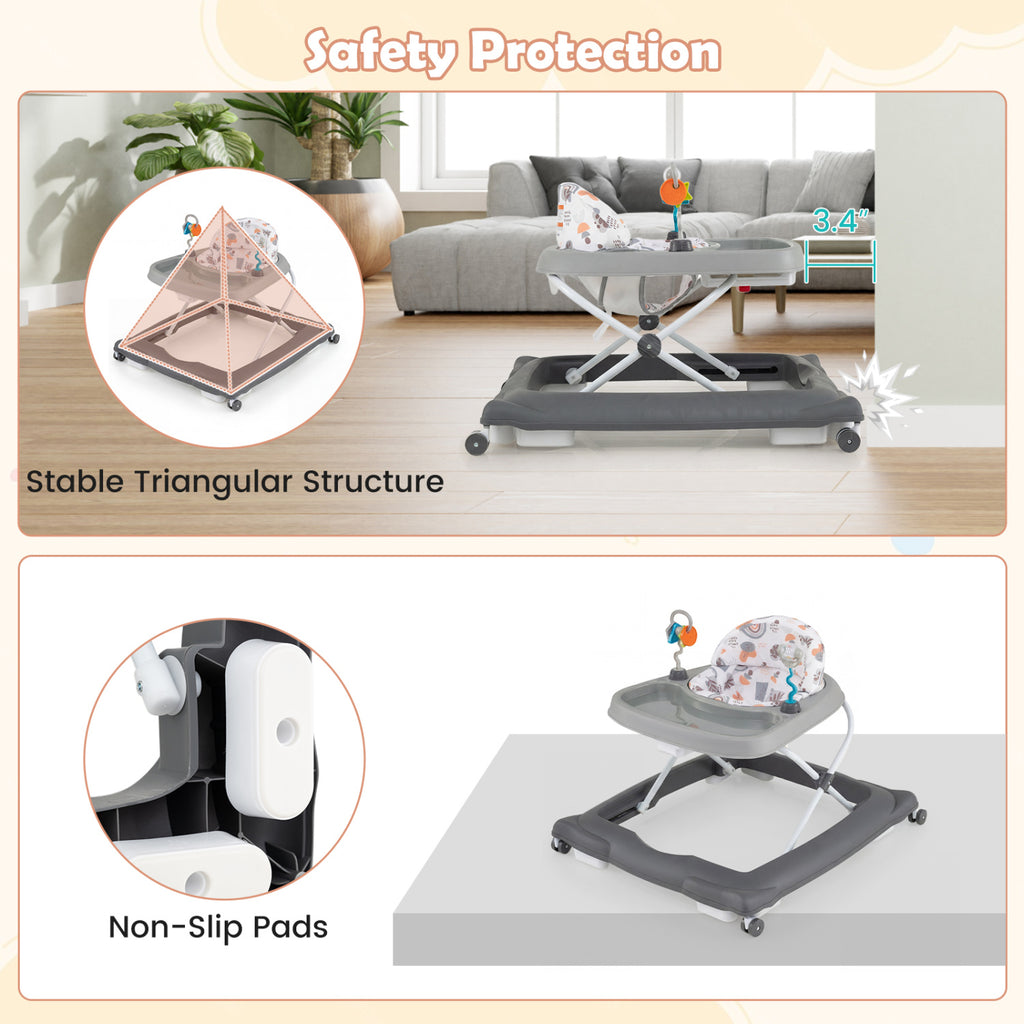 Foldable Baby Walker with Removable Seat & Adjustable Height - Gray, 27.5 x 25 x 21 Inches