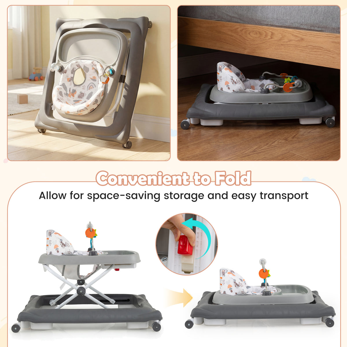 Foldable Baby Walker with Removable Seat & Adjustable Height - Gray, 27.5 x 25 x 21 Inches