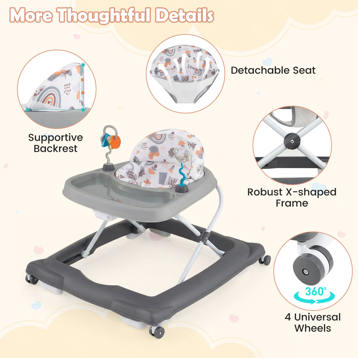 Foldable Baby Walker with Removable Seat & Adjustable Height - Gray, 27.5 x 25 x 21 Inches