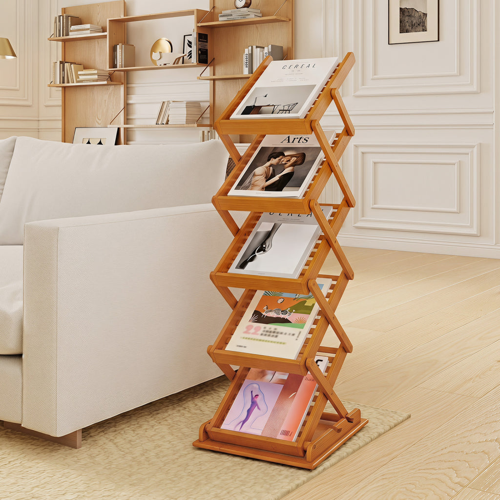 Foldable Bamboo Magazine Rack 5-Tier Walnut