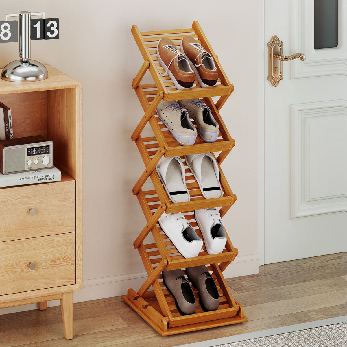 Foldable Bamboo Magazine Rack 5-Tier Walnut