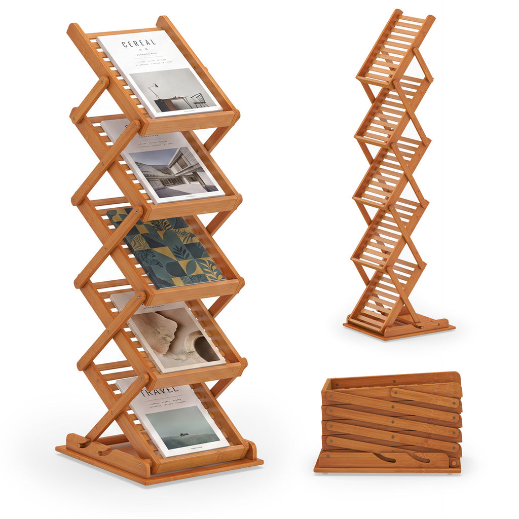 Foldable Bamboo Magazine Rack 5-Tier Walnut