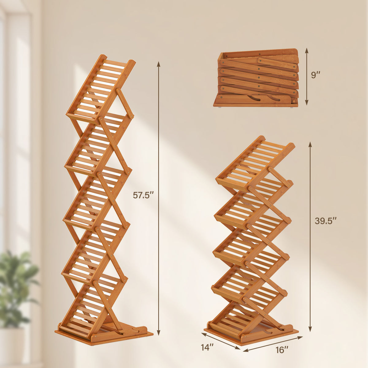 Foldable Bamboo Magazine Rack 5-Tier Walnut