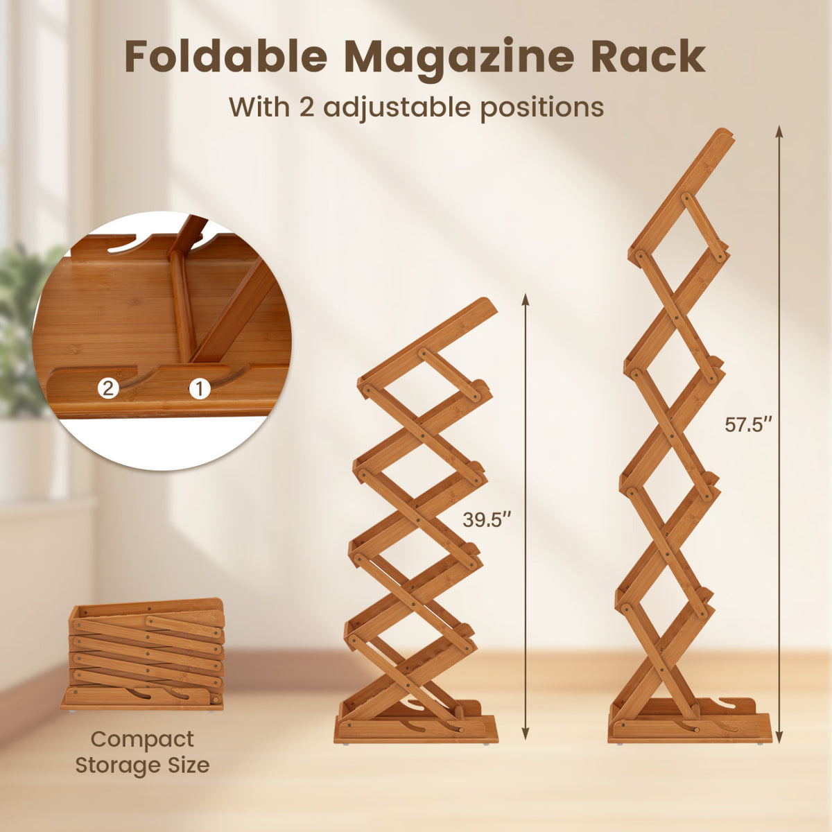 Foldable Bamboo Magazine Rack with 2 Adjustable Positions