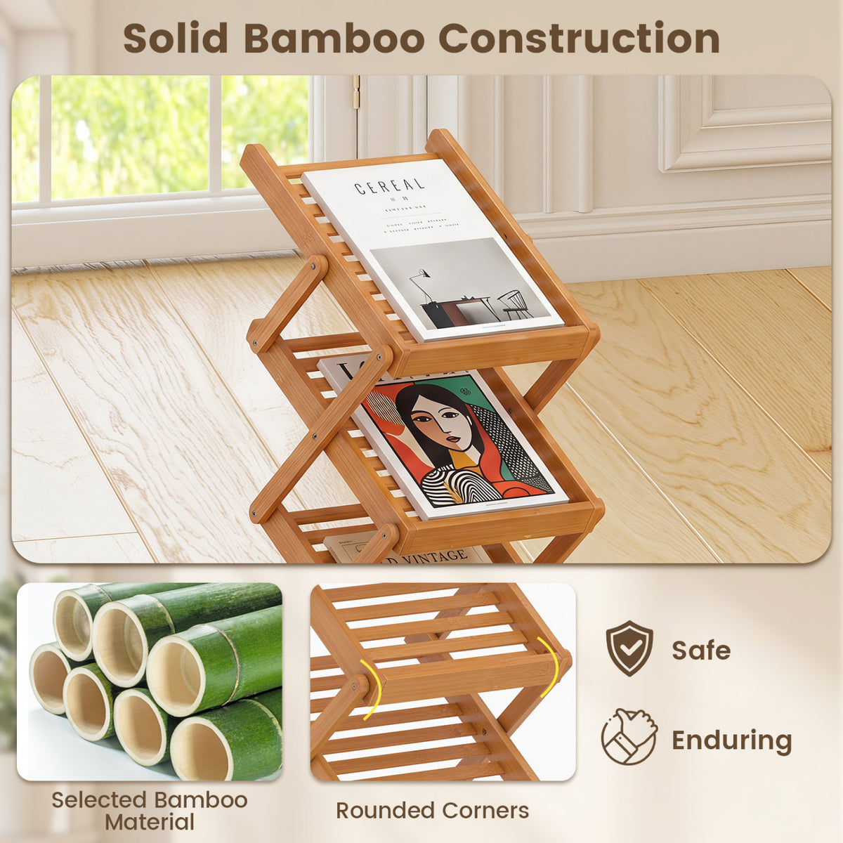 Foldable Bamboo Magazine Rack 5-Tier Walnut