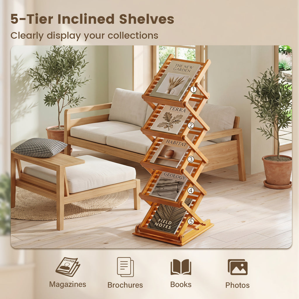 Foldable Bamboo Magazine Rack 5-Tier Walnut