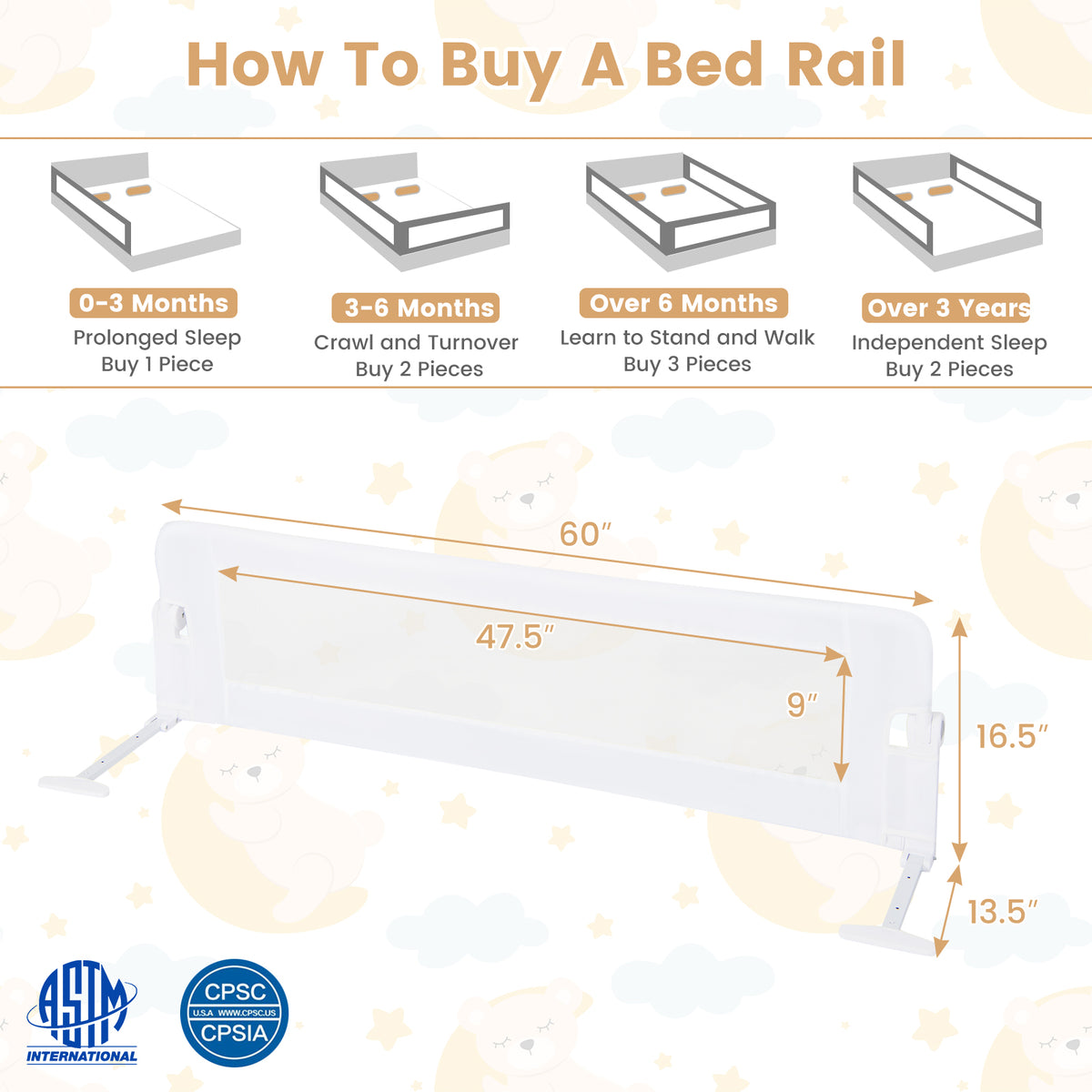 60-Inch Foldable Baby Bed Rail Guard with Adjustable Safety Strap - White