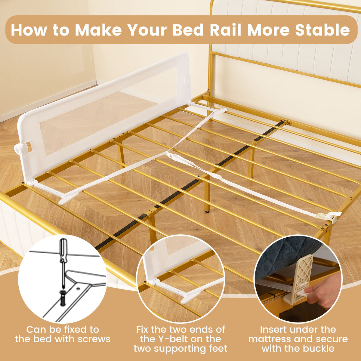 60-Inch Foldable Baby Bed Rail Guard with Adjustable Safety Strap - White