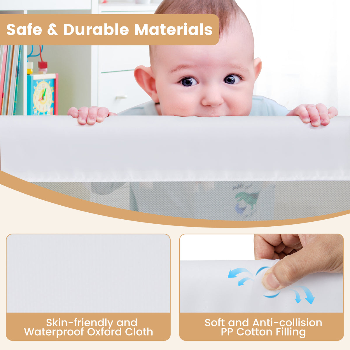 60-Inch Foldable Baby Bed Rail Guard with Adjustable Safety Strap - White