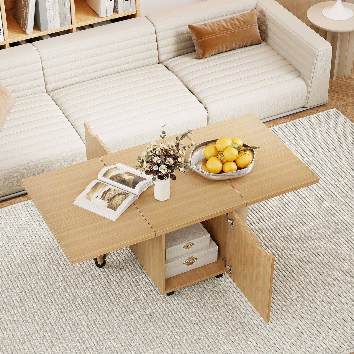 Foldable Coffee Table with Storage Cabinet - Oak