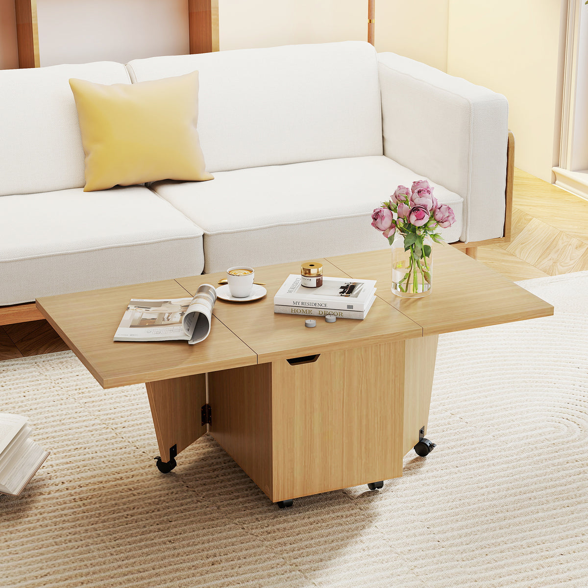 Foldable Coffee Table with Storage Cabinet - Oak