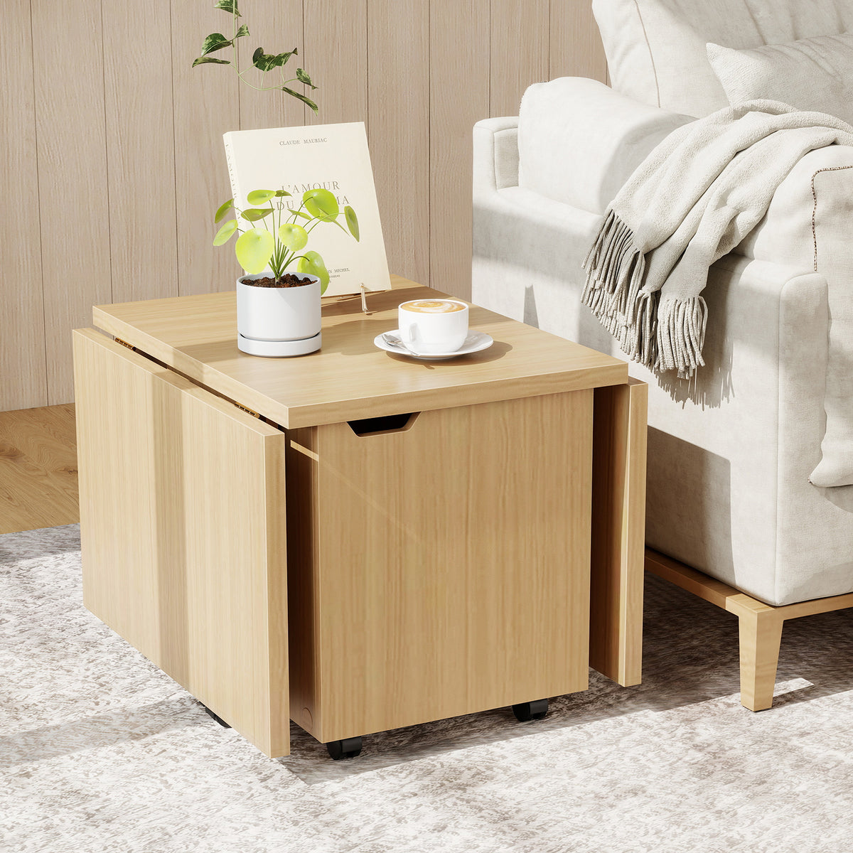 Foldable Coffee Table with Storage Cabinet - Oak