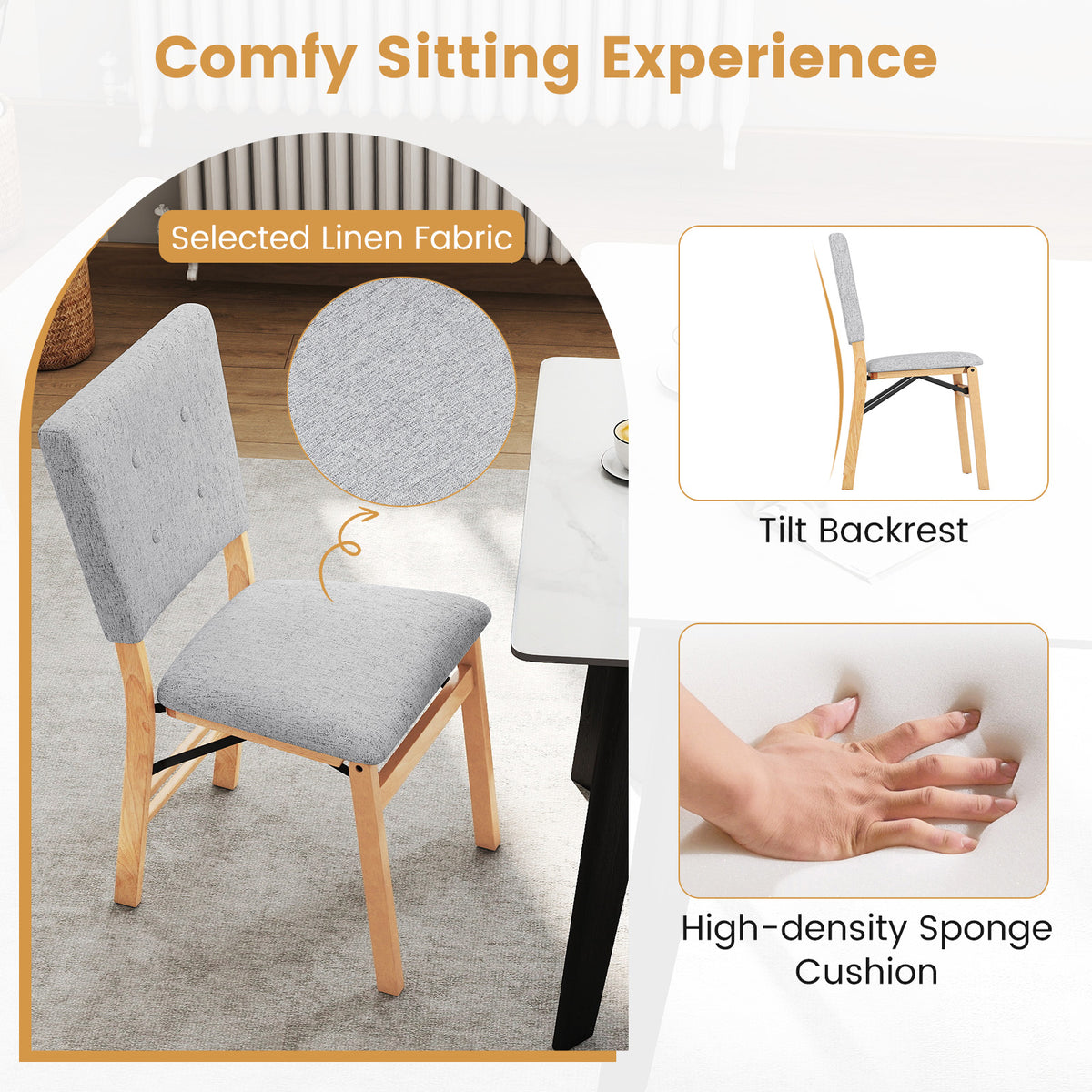 Foldable Dining Chair Set of 2, Gray - Padded Seat & Tilt Backrest