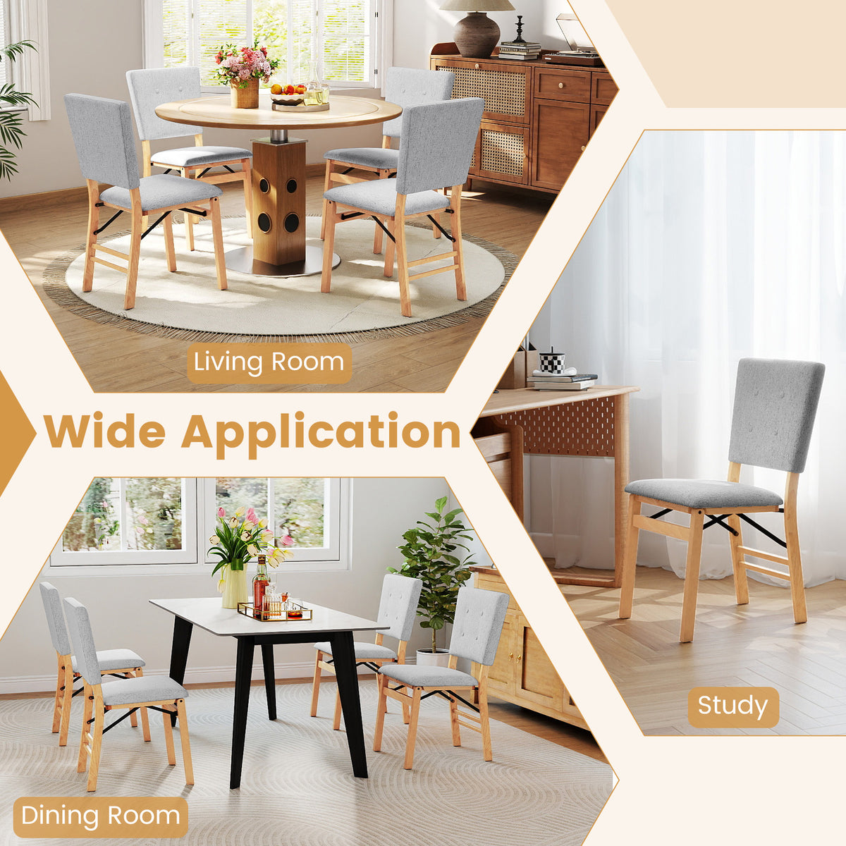 Foldable Dining Chair Set of 2, Gray - Padded Seat & Tilt Backrest
