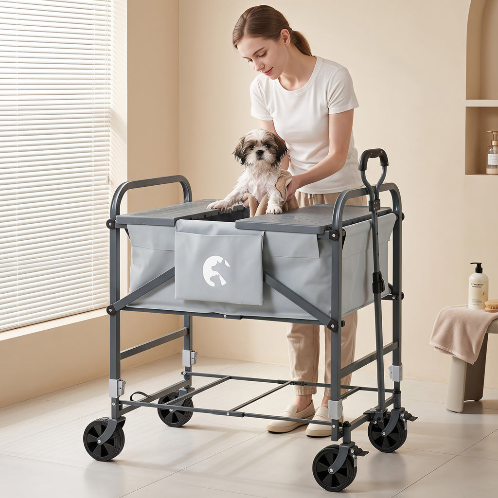 Foldable Dog Bath Cart with Adjustable Height & Pull Handle - Black & Gray