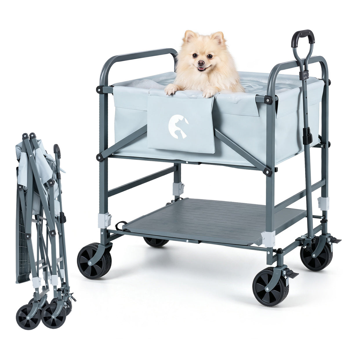 Foldable Dog Bath Cart with Adjustable Height & Pull Handle - Black & Gray