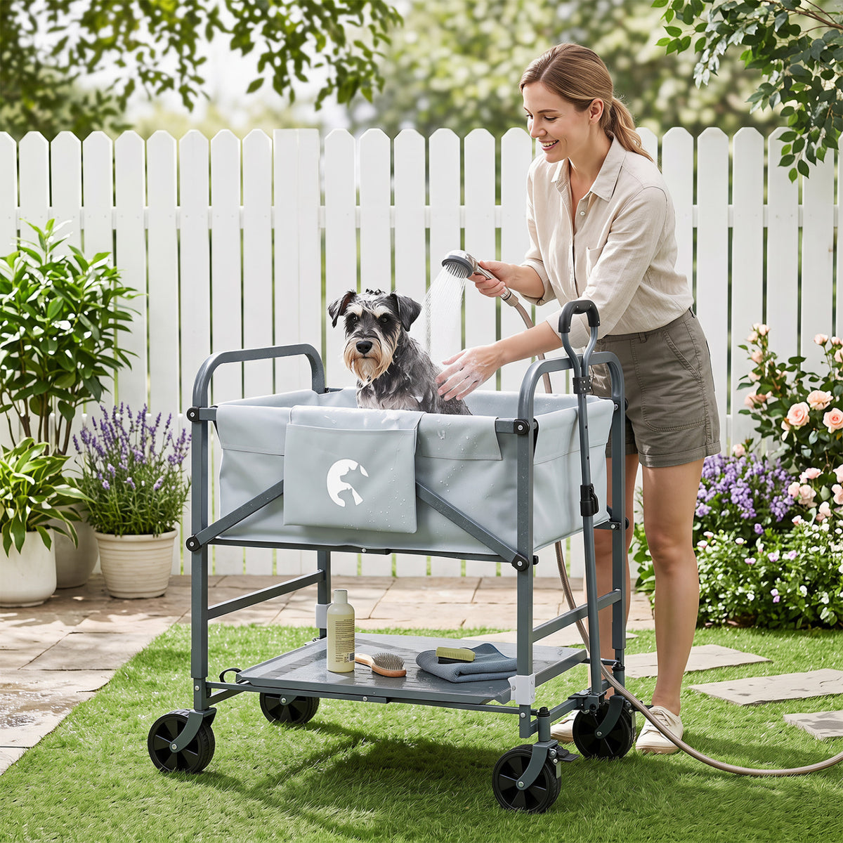 Foldable Dog Bath Cart with Adjustable Height & Pull Handle - Black & Gray